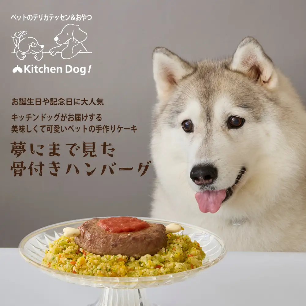 ＜ペットフード＞夢にまで見た骨付きハンバーグ 300g【Kitchen Dog！】 犬用 ペット用  犬用ごはん 餌 エサ ごはん ペット ドッグフード 動物 犬 愛犬 愛犬家 愛犬用 無添加 国産 手作り お取り寄せ 東京 世田谷 キッチンドッグ_0100-007-se7