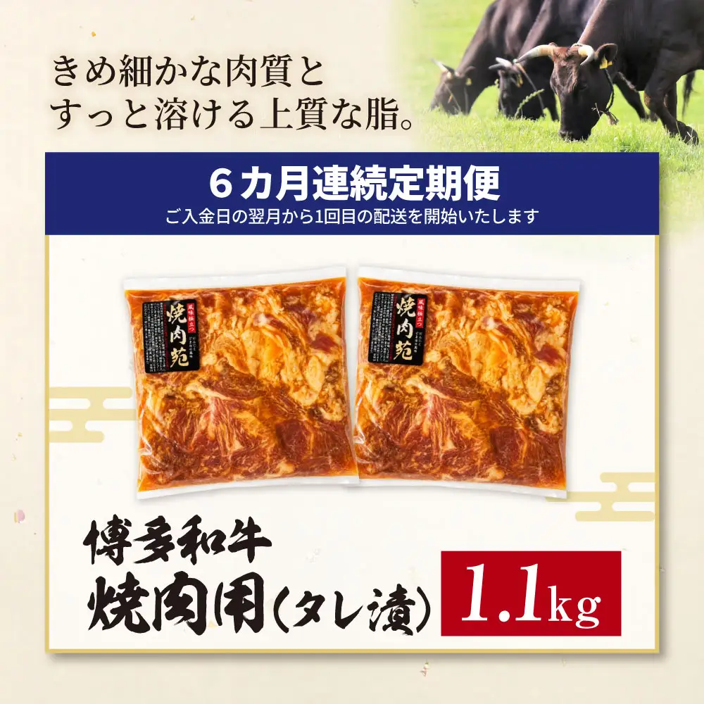 Z59-106 定期便 博多和牛 A4ランク以上 焼肉用タレ漬 1.1kg (年6回) 博多和牛