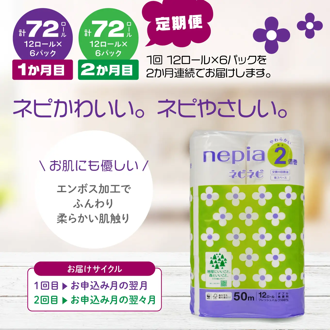 ＜2か月定期便＞ ネピア ネピネピ トイレットロール 2倍巻 ダブル 50ｍ 12ロール×6パック 2か月合計144ロール nepia トイレットペーパー フレッシュパルプ100％ FSC®認証紙 防災ストック 備蓄 日用品 大容量 まとめ買い 青森県 八戸市