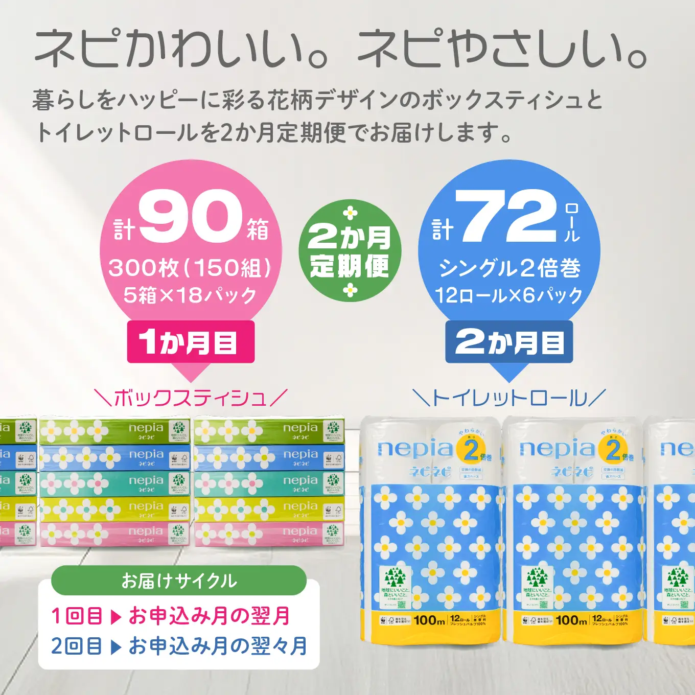 ＜2か月定期便＞ ネピア ネピネピティシュ 150W 計90個 5個パック×18パック ＆ トイレットロール 2倍巻 シングル 100ｍ 12ロール×6パック nepia フレッシュパルプ100％ FSC®認証紙 防災ストック 備蓄 日用品 大容量 まとめ買い 青森県 八戸市