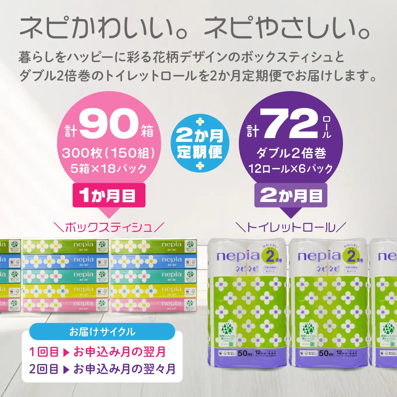 ＜2か月定期便＞ ネピア ネピネピティシュ 150W 計90個 5個パック×18パック ＆ トイレットロール 2倍巻 ダブル 50ｍ 12ロール×6パック nepia フレッシュパルプ100％ FSC®認証紙 防災ストック 備蓄 日用品 大容量 まとめ買い 青森県 八戸市
