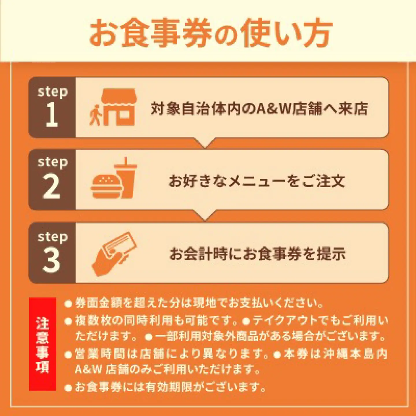 【沖縄本島全店舗で利用可能】 A＆W沖縄 お食事券3，000円分 クーポン 地域限定 人気店 沖縄観光 ファーストフード 沖縄市 / A＆W沖縄[BCET001]