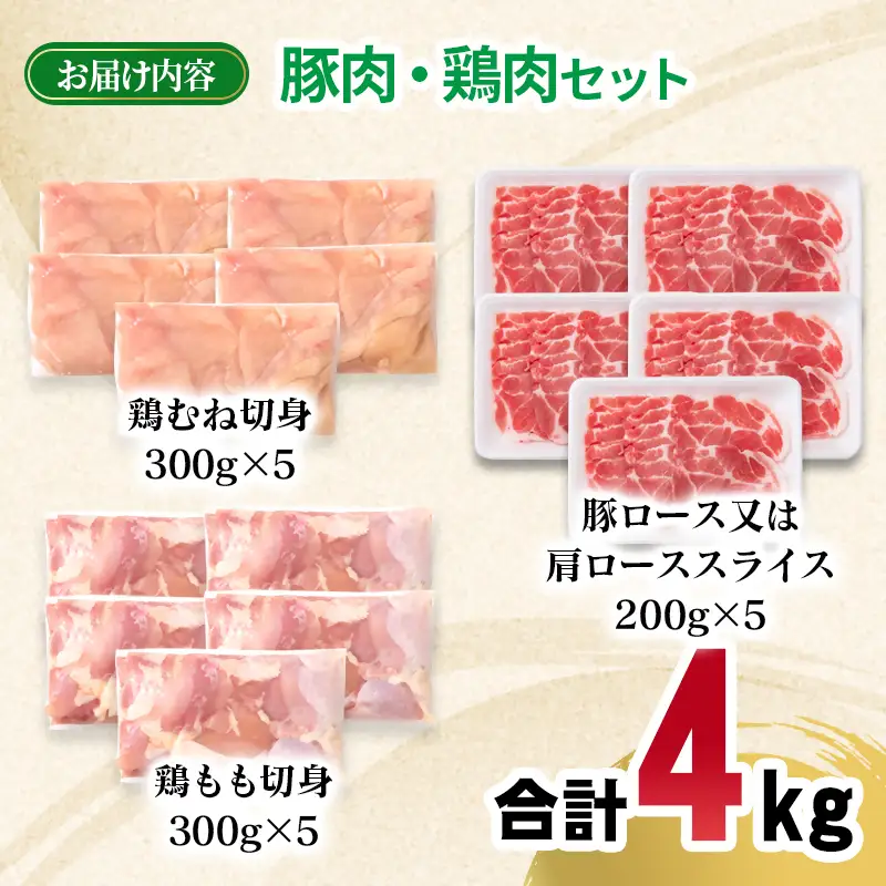 宮崎県産豚肉・鶏肉 合計4kg便利セット 豚肉ロース又は肩ローススライス1kg 鶏もも肉カット1.5kg 鶏むね肉カット1.5kg＜70-32a＞