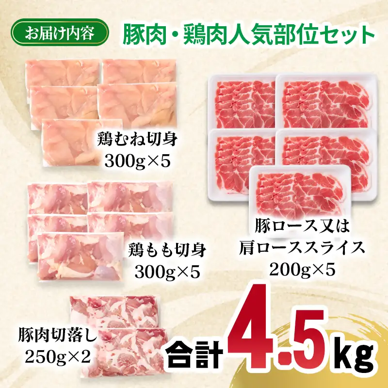 宮崎県産豚肉・鶏肉よくばり4.5kgセット  豚肉切落し500g 豚肉ロース又は肩ローススライス1kg 鶏もも肉カット1.5kg 鶏むね肉カット1.5kg＜70-34a＞