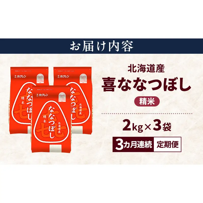 【3ヵ月連続定期便】北海道産 喜 ななつぼし 精米 6kg 米 特A 獲得 白米 ごはん 定期便 定期配送 3ヵ月 道産米 ブランド米 6キロ お米 ご飯 米 北海道米 JAふらの ホクレン ホクレン米 送料無料 北海道 上富良野町