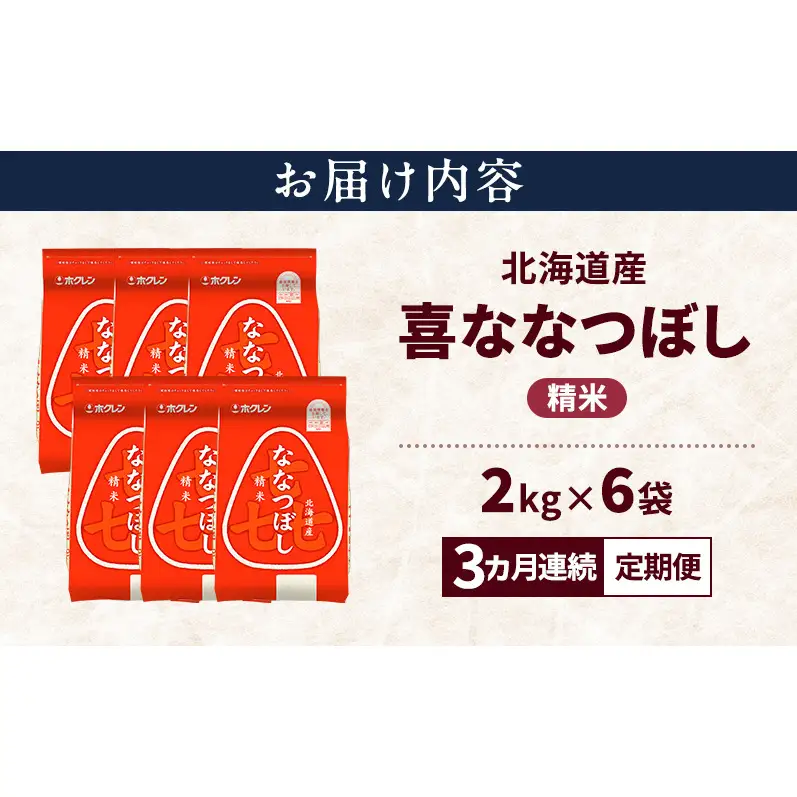 【3ヵ月連続定期便】北海道産 喜 ななつぼし 精米 12kg 米 特A 獲得 白米 ごはん 定期便 定期配送 3ヵ月 道産米 ブランド米 12キロ お米 ご飯 米 北海道米 JAふらの ホクレン ホクレン米 送料無料 北海道 上富良野町