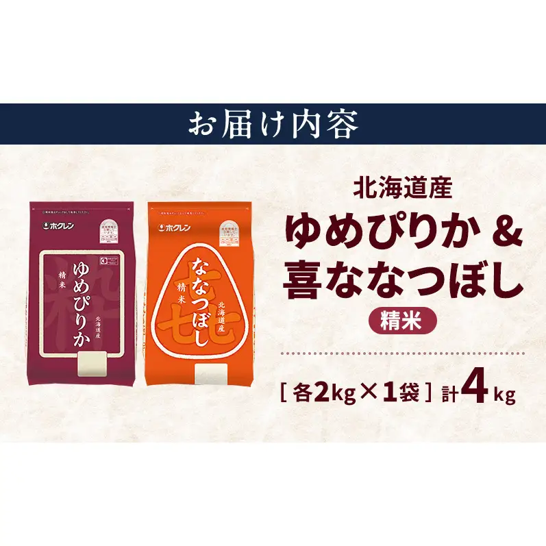 北海道産 ゆめぴりか ななつぼし 食べ比べセット 精米 各2kg 合計4kg 米 特A 獲得 白米 ごはん 道産米 ブランド米 4キロ お米 ご飯 米 北海道米 JAふらの ホクレン ホクレン米 送料無料 北海道 上富良野町