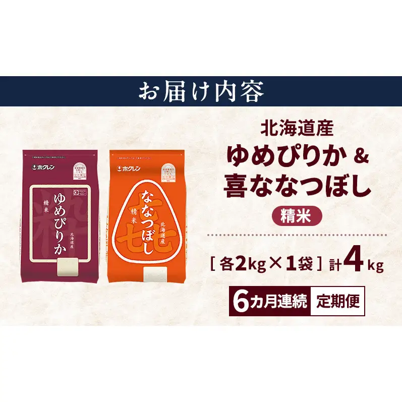 【6ヵ月連続定期便】北海道産 ゆめぴりか ななつぼし 食べ比べセット 精米 各2kg 合計4kg 米 特A 獲得 白米 ごはん 定期便 定期配送 6ヵ月 道産米 ブランド米 4キロ お米 ご飯 米 北海道米 JAふらの ホクレン ホクレン米 送料無料 北海道 上富良野町
