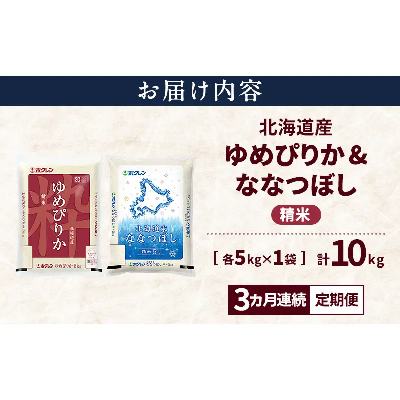【3ヵ月連続定期便】北海道産 ゆめぴりか ななつぼし 食べ比べセット 精米 各5kg 合計10kg 米 特A 獲得 白米 ごはん 定期便 定期配送 3ヵ月 道産米 ブランド米 10キロ お米 ご飯 米 北海道米 JAふらの ホクレン ホクレン米 送料無料 北海道 上富良野町