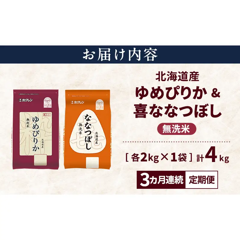 【3ヵ月連続定期便】北海道産 ゆめぴりか ななつぼし 食べ比べセット 無洗米 各2kg 合計4kg 米 特A 獲得 白米 ごはん 定期便 定期配送 3ヵ月 道産米 ブランド米 4キロ お米 ご飯 米 北海道米 JAふらの ホクレン ホクレン米 送料無料 北海道 上富良野町