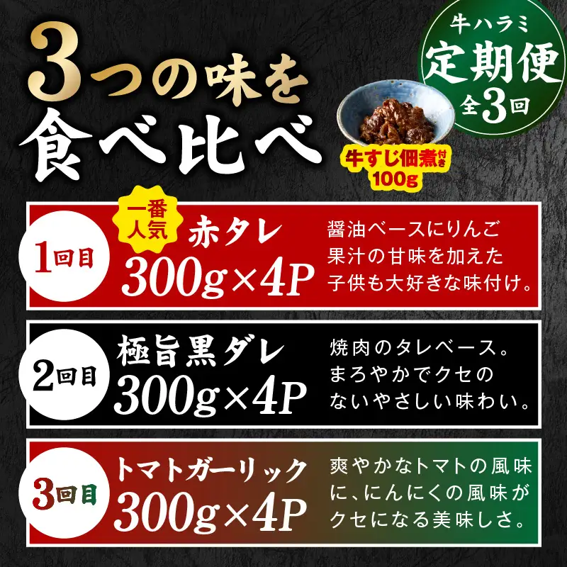 【食べ比べ定期便】牛ハラミ 1.3kg×全3回