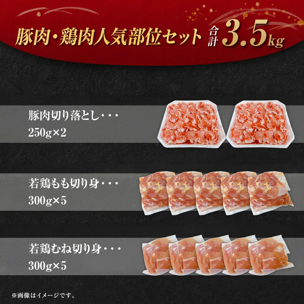 ＜宮崎県産 豚肉鶏肉人気部位セット合計約3.5kg＞ 小分けパック 真空パック 切り落とし 切落し カット肉 カット済み もも肉 むね肉 切身 切り身 普段使い 料理 詰め合わせ 精肉 県産 国産 炒め物 煮物【MI732】