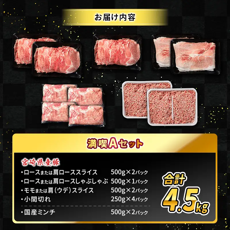 数量限定 ＜満喫Aセット＞ 豚肉 合計4.5kg 国産 ロース 肩ロース スライス モモ ウデ ミンチ ハンバーグ しゃぶしゃぶ 詰め合わせ 大容量 冷凍 小分け 便利 おすすめ 送料無料