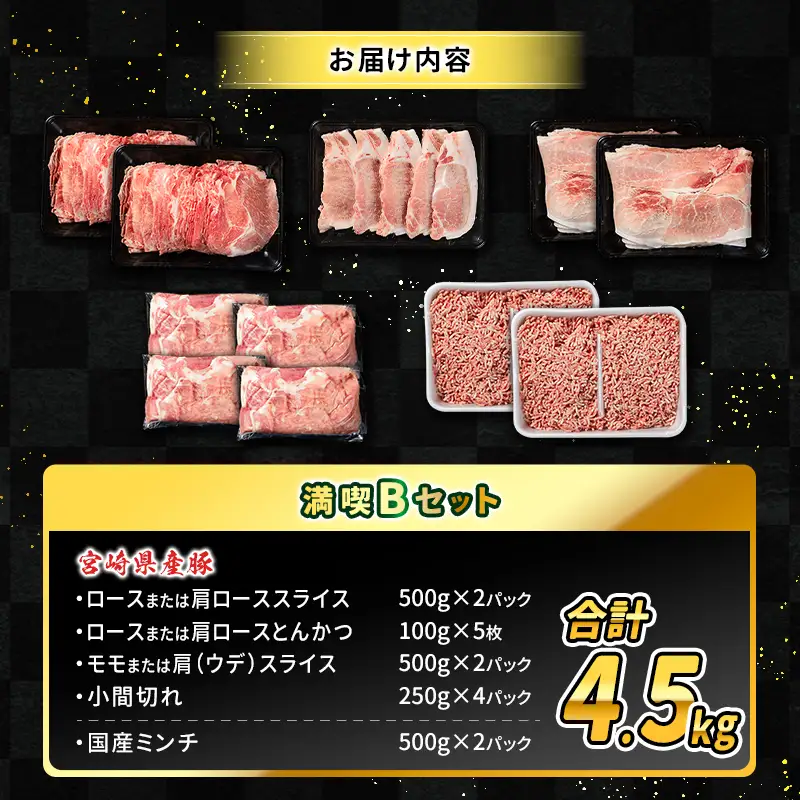 【ふるなびWEEK対象】数量限定 ＜満喫Bセット＞ 豚肉 合計4.5kg 国産 ロース 肩ロース スライス モモ ウデ ミンチ ハンバーグ しゃぶしゃぶ 詰め合わせ 大容量 冷凍 小分け 便利 おすすめ 送料無料