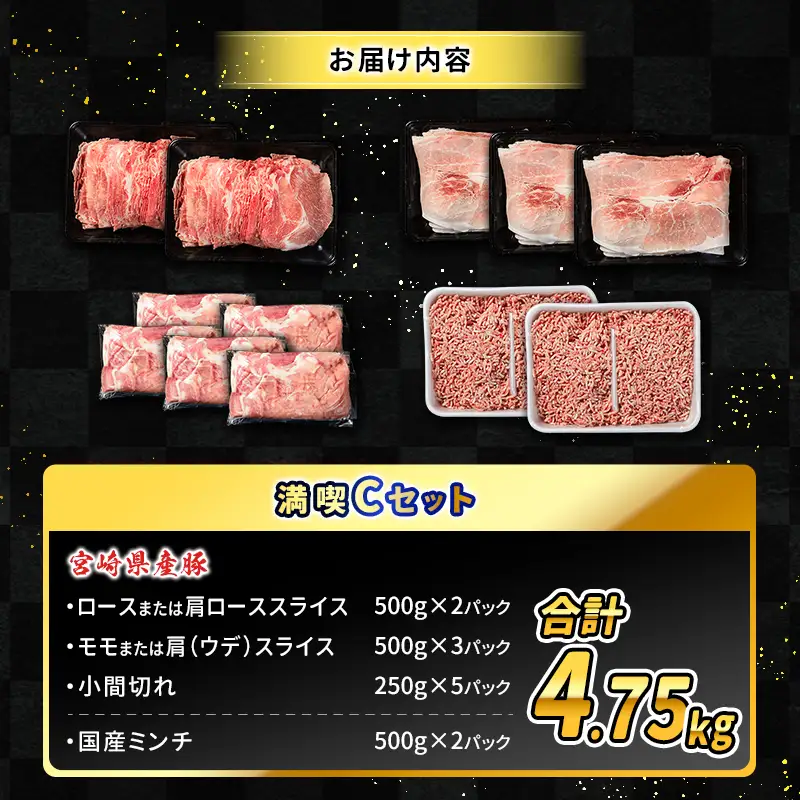 数量限定 ＜満喫Cセット＞ 豚肉 合計4.75kg 国産 ロース 肩ロース スライス モモ ウデ ミンチ ハンバーグ しゃぶしゃぶ 詰め合わせ 大容量 冷凍 小分け 便利 おすすめ 送料無料
