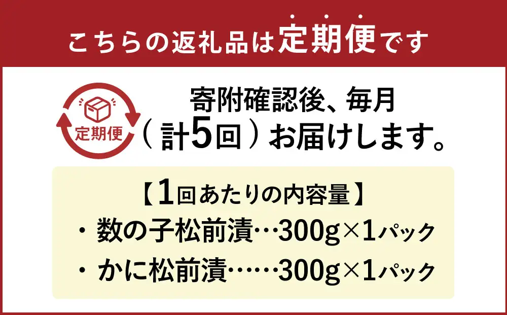 【5回定期便】 プチプチ食感の数の子松前漬とずわい蟹のかに松前漬セット 各300g 5回 松前漬 松前漬け 数の子 魚卵 ずわい蟹 ズワイガニ かに カニ 蟹 海鮮 海の幸 セット 定期便 北海道 小樽市 冷凍 送料無料