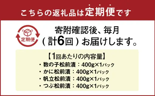 [定期1ヶ月毎6回] 海鮮4種の松前漬セット 約1.2kg （数の子 ・ かに ・ 帆立 ・ つぶ） 6回 4種類 松前漬け 松前漬 魚卵 カニ 蟹 ほたて ホタテ つぶ貝 貝 海の幸 小分け セット 定期便 北海道 小樽市 冷凍 送料無料