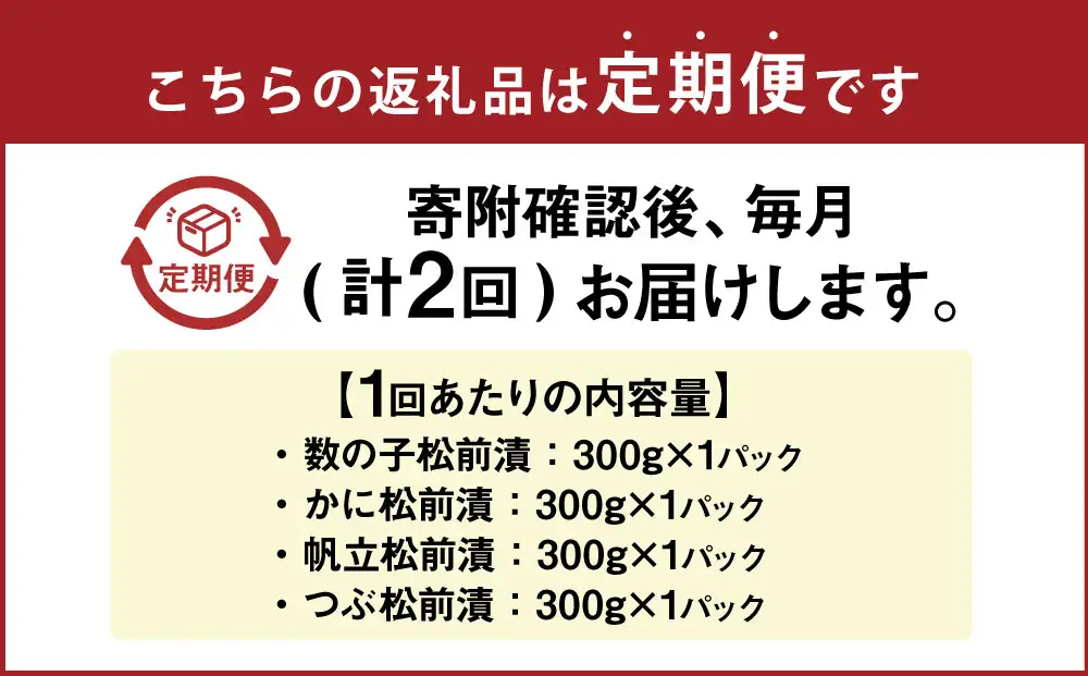 [定期1ヶ月毎2回]海鮮4種の松前漬セット 約1.2kg （数の子 ・ かに ・ 帆立 ・ つぶ） 2回 4種類 松前漬け 松前漬 魚卵 カニ 蟹 ほたて ホタテ つぶ貝 貝 海の幸 小分け セット 定期便 北海道 小樽市 冷凍 送料無料