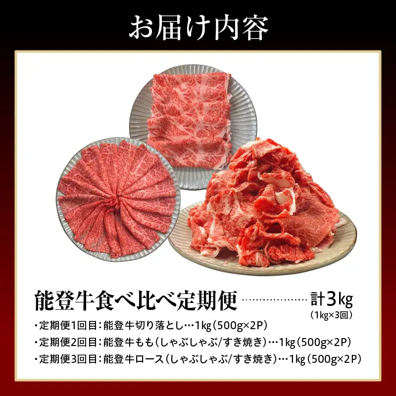 定期便 3か月 能登牛 食べ比べ 計3kg wa121 能登牛 定期便
