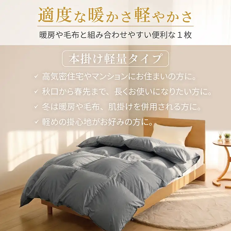 【冬用】洗える 羽毛布団 本掛け 軽量 ダブル ホワイトダックダウン85% 1.4kg 無地 グレー 冬用