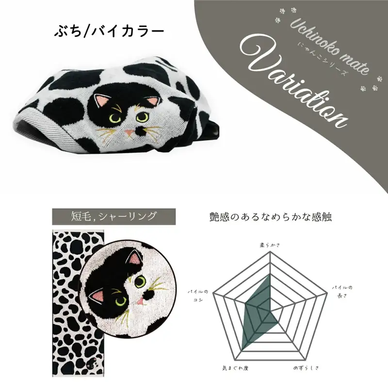 （今治タオル）Uchinoko mate にゃんこシリーズ 毛並みロングフェイスタオル３枚セット（ぶち／バイカラー）