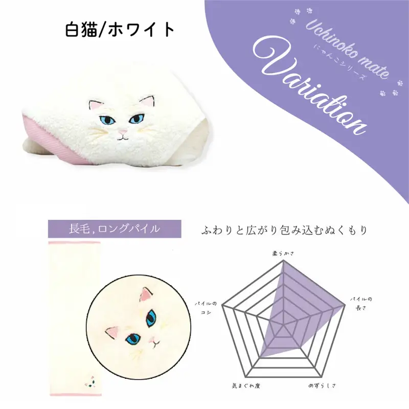 （今治タオル）Uchinoko mate にゃんこシリーズ 毛並みロングフェイスタオル３枚セット（白猫／ホワイト）