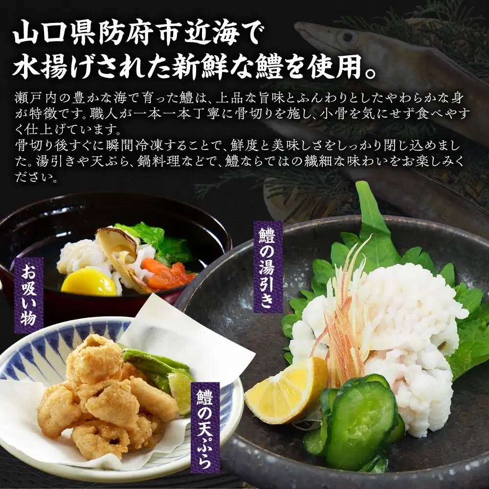 山口県防府市沖で獲れる天然鱧 (骨切り済) 約500g も蔵 山口県 防府市 A-B38 天然鱧 ハモ 骨切り済み 瀬戸内海 魚介類 瞬間冷凍 湯引き 天ぷら はも鍋 産地直送