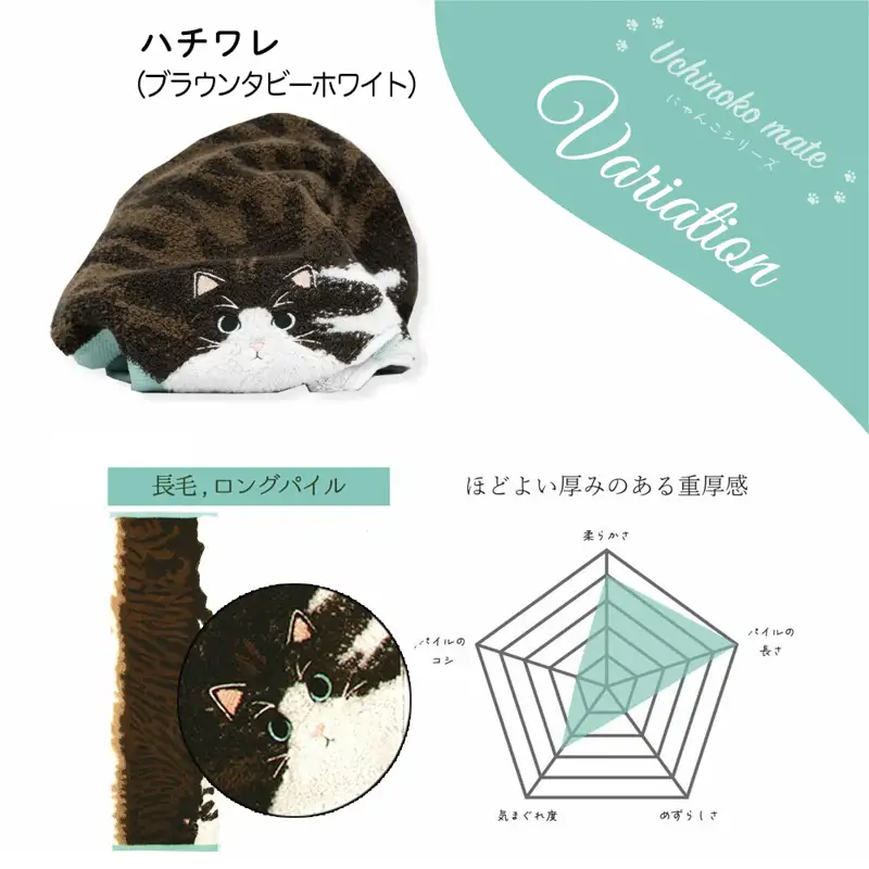 （今治タオル）Uchinoko mate にゃんこシリーズ 毛並みロングフェイスタオル３枚セット（ハチワレ／ブラウンタビーホワイト）