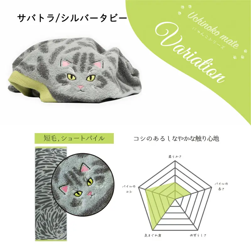 （今治タオル）Uchinoko mate にゃんこシリーズ 毛並みロングフェイスタオル３枚セット（サバトラ／シルバータビー）