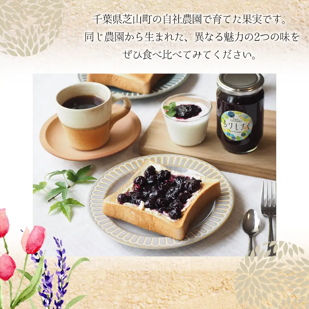 るりしずく＆ブルーベリージャム 食べ比べセット（大瓶2本） ／ ジャム 食べ比べ ジャムセット 無添加ジャム 保存料不使用 着色料不使用 果実感 朝食 トースト ヨーグルト お取り寄せ ギフト 贈答用 農薬不使用 ブルーベリー るりしずく 大瓶 手作りジャム 国産フルーツ ジャム好き スイーツ作り千葉県 No.095