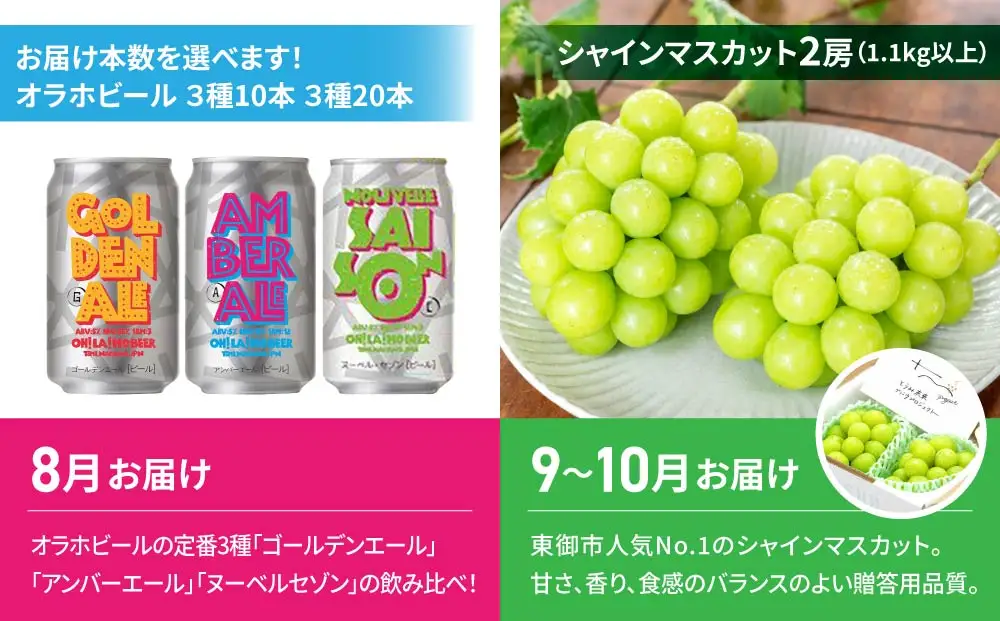 【2回定期便】シャインマスカットと地ビールの人気セット（シャインマスカット2房1.1kg以上とクラフトビール飲み比べ（3種10本））｜【JA信州うえだ／オラホビール】ぶどう 葡萄 大粒 果物 フルーツ 生食／ゴールデンエール・アンバーエール・ヌーベルセゾン 地ビール 頒布会 長野