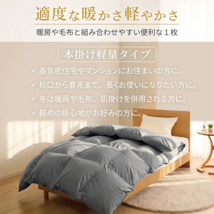 【冬用】洗える 羽毛布団 本掛け 軽量 セミダブル ホワイトダックダウン93% 1.2kg 無地 グレー 冬用