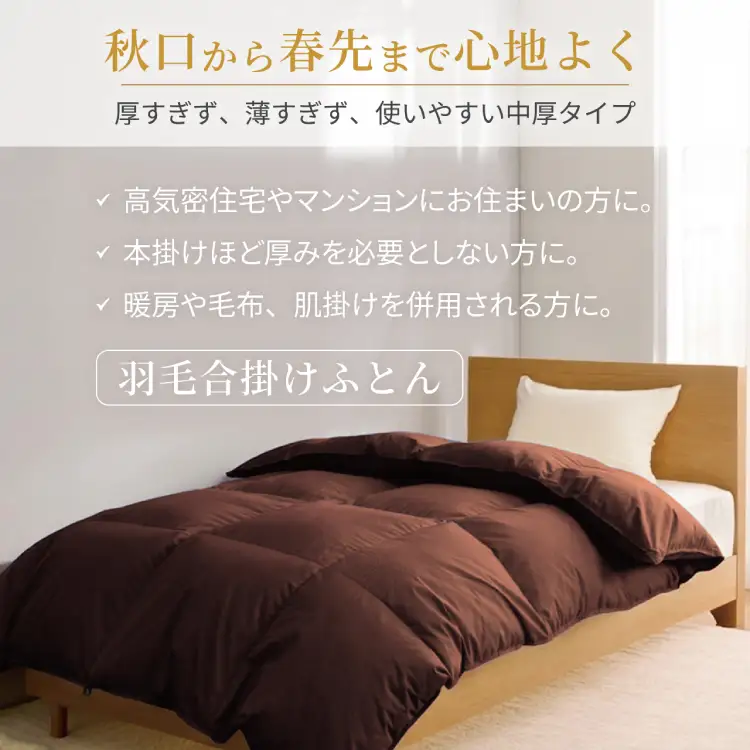 【春秋用】 洗える 羽毛布団 合掛け セミダブル ホワイトダックダウン85％ 1.0kg 無地 ブラウン 中厚 春用 秋用
