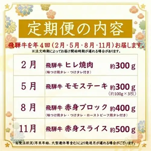 【発送月固定定期便】飛騨牛 赤身定期便 計1.5kg ヒレ モモ ブロック 赤身スライス 冷蔵全4回【配送不可地域：離島】【4088111】