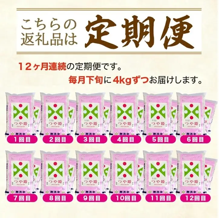 SQ0013　9月下旬発送開始／【12回定期便】無洗米 特別栽培米つや姫　4kg×12回(計48kg) TO