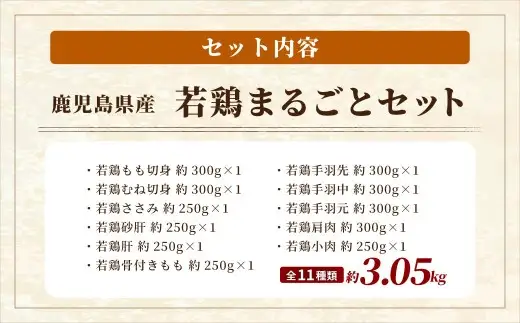鹿児島県産 若鶏まるごと 約3.05kgセット 若鶏 もも肉 モモ肉 カット むね肉 ささみ 砂肝 肝 手羽先 手羽中 手羽元 肩肉 せせり 骨付きもも肉 小分け 鶏肉 冷凍 AS-797