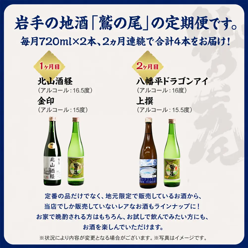 鷲の尾 2ヶ月定期便／720ml×毎月2本【地酒4種飲み比べ】 ／ 日本酒 定期便 飲み比べ 地酒 おさけ さけ アルコール お取寄せ 取寄せ 東北 ご当地 家飲み 宅飲み 手土産 プレゼント 飲み会 人気 おいしい 自宅用 家庭用 晩酌 贈り物 ギフト おすすめ オススメ わしの尾 【澤口酒店】