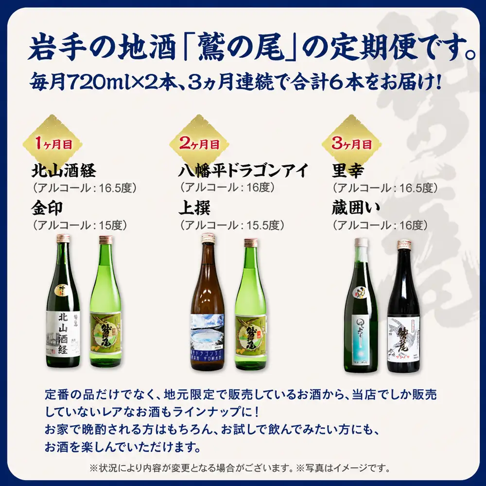 鷲の尾 3ヶ月定期便／720ml×毎月2本【地酒6種飲み比べ】 ／ 日本酒 定期便 飲み比べ 地酒 おさけ さけ アルコール お取寄せ 取寄せ 東北 ご当地 家飲み 宅飲み 手土産 プレゼント 飲み会 人気 おいしい 自宅用 家庭用 晩酌 贈り物 ギフト おすすめ オススメ わしの尾 【澤口酒店】