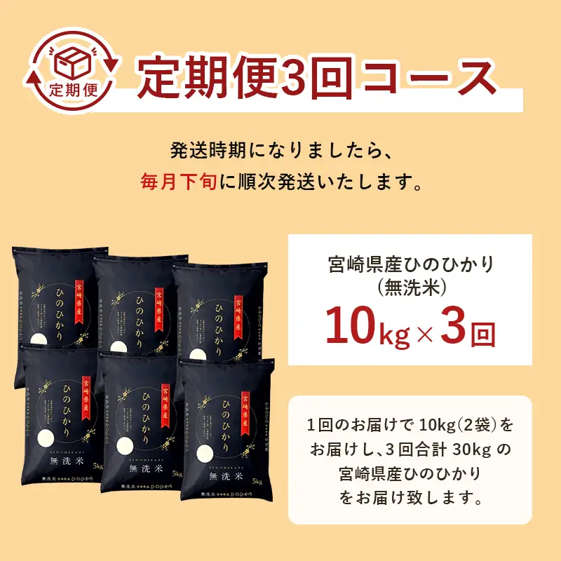 【3か月定期便】 無洗米 ＜チャック付＞ 新米 国産 令和8年産 ヒノヒカリ 宮崎県産（10kg×3回）
