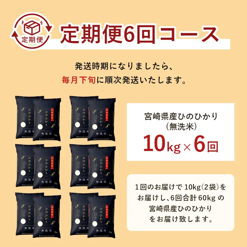 【6か月定期便】 無洗米 ＜チャック付＞ 新米 国産 令和8年産 ヒノヒカリ 宮崎県産（10kg×6回）