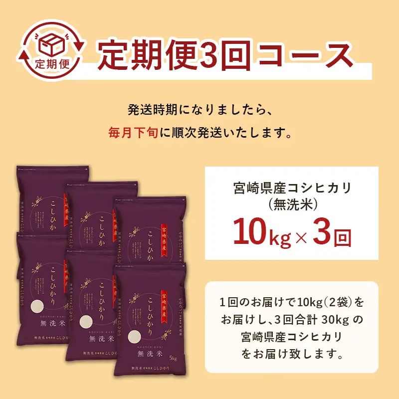 【3か月定期便】 無洗米 ＜チャック付＞ 新米 国産 令和8年産 コシヒカリ 宮崎県産（10kg×3回）