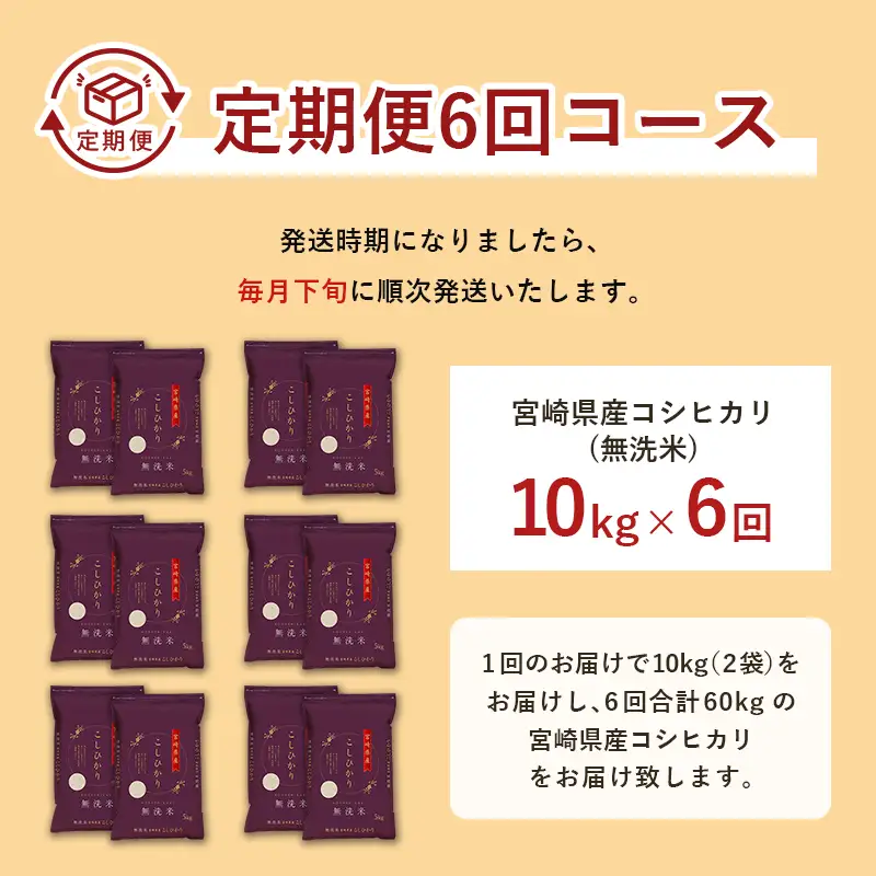 【6か月定期便】 無洗米 ＜チャック付＞ 新米 国産 令和8年産 コシヒカリ 宮崎県産（10kg×6回）