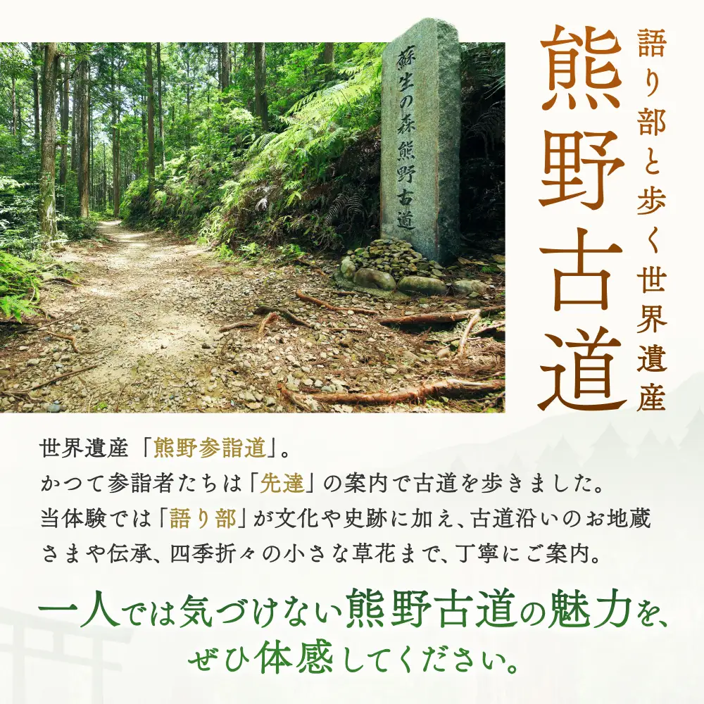 難易度★　語り部と歩く世界遺産熊野古道　コース①発心門王子～熊野本宮大社＋大斎原（1～20名様）体験 観光 歴史 熊野本宮大社 熊野三山 巡礼 【khk001】