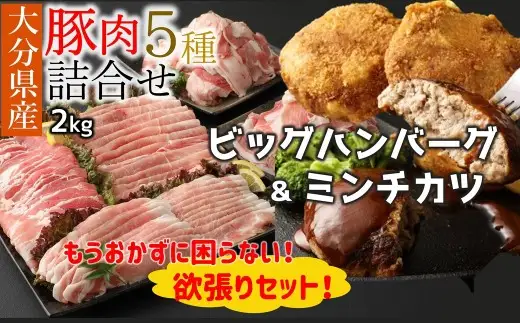 大分県産 豚詰合せ５種類（約2kg）＆ビッグハンバーグ（5個）＆ミンチカツ（10個）セット〔合計約3.9kg〕