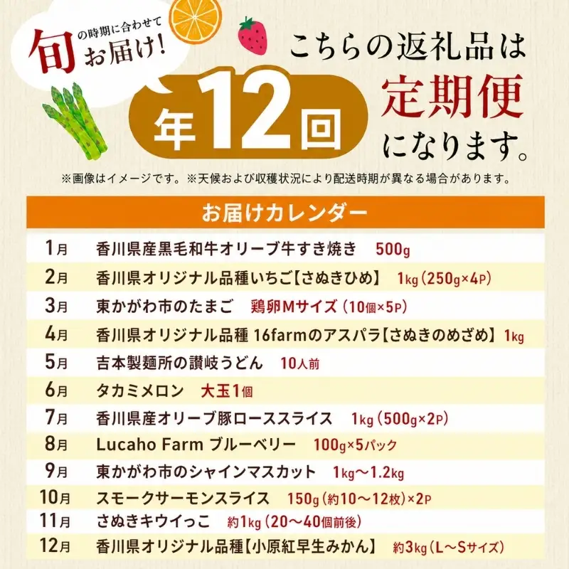 東かがわ市お楽しみ頒布会(12回) みかん いちご 卵 アスパラ 讃岐うどん メロン 豚肉 ブルーベリー シャインマスカット サーモン キウイ 黒毛和牛 香川