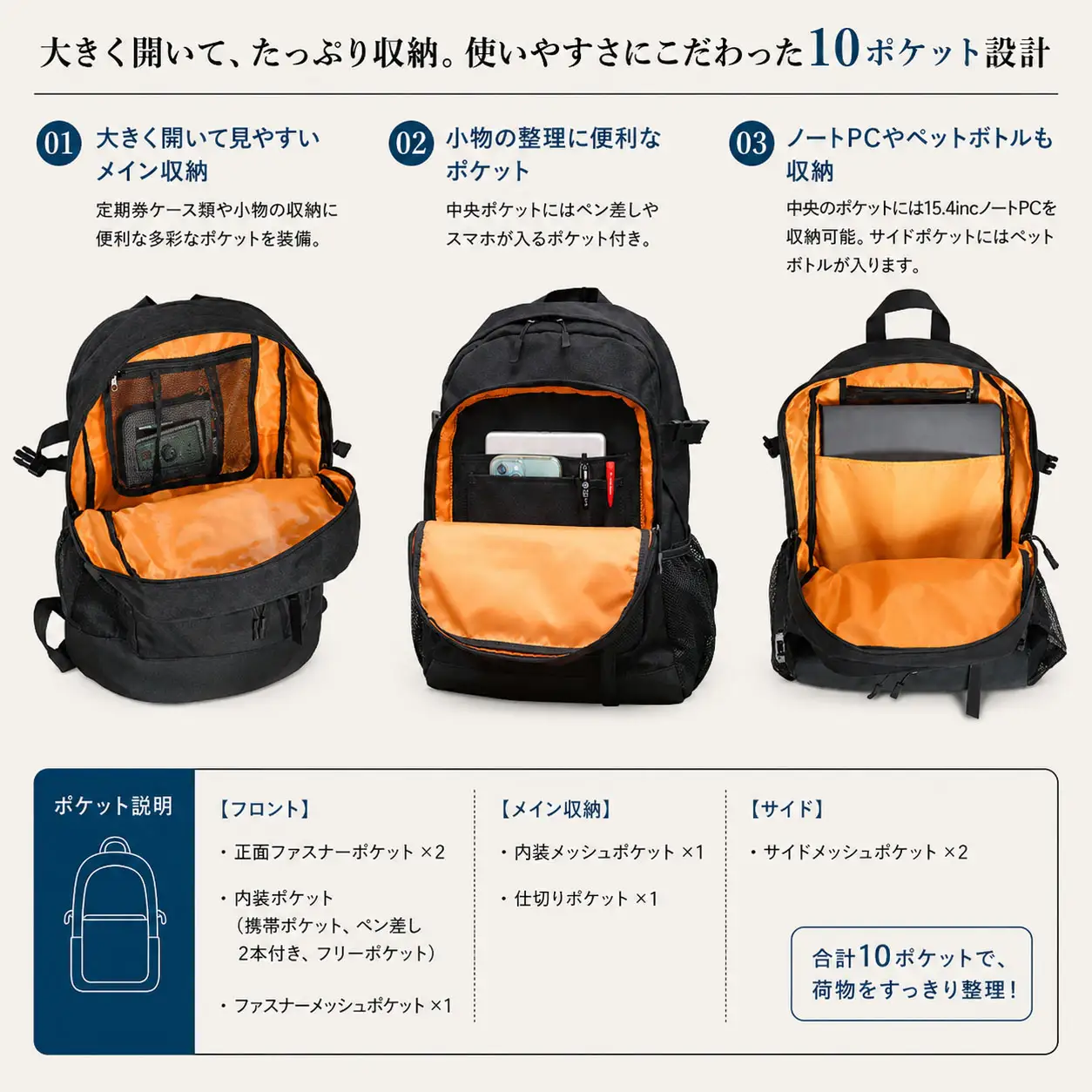 撥水、軽量、ポケット多数、ボックスロゴがお洒落な 10ポケット 24L ブラック/ホワイト WZ013-6