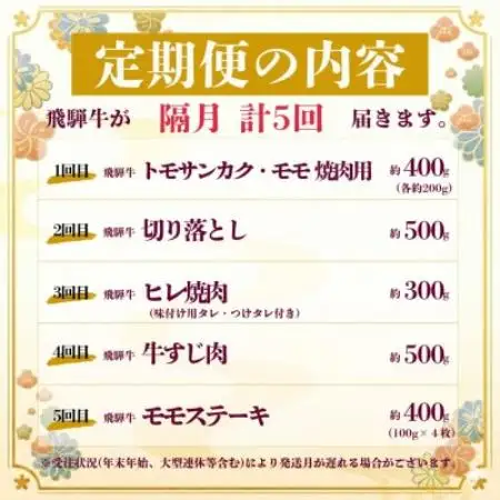 【2ヵ月毎定期便】飛騨牛少なめ定期便 計2.1kg【冷蔵便】A4～A5 BBQ・焼肉・ステーキ全5回【配送不可地域：離島】【4088353】