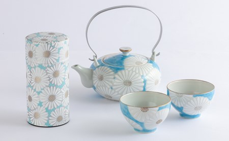 清水焼白菊茶器セット（宇治煎茶160g、土瓶、湯呑2客）〈お茶 茶 緑茶 煎茶 茶葉 深蒸し茶 深むし 宇治煎茶 土瓶 湯呑 茶筒 茶器 食器 工芸品 日用品 飲料 加工食品〉 