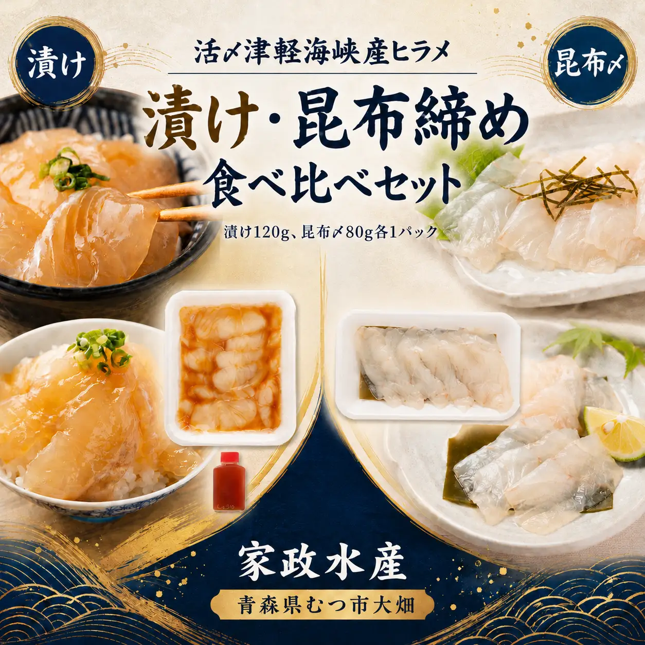 活〆天然ヒラメ　漬け・昆布締め　刺身食べ比べ　200g　津軽海峡産
