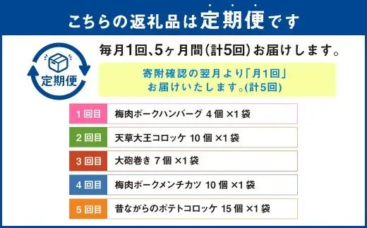 【5回定期便】ご飯の味方定期便 ハンバーグ コロッケ 大砲巻き メンチカツ 定期 定期便 5種 揚げ物 惣菜 おかず 冷凍 国産 九州産 熊本県 上天草市